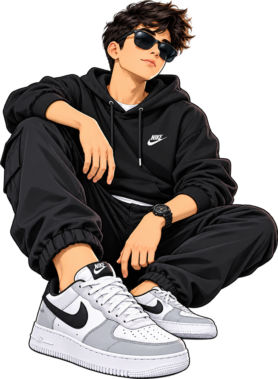 Illustrated boy in a black hoodie wearing white and grey sneakers